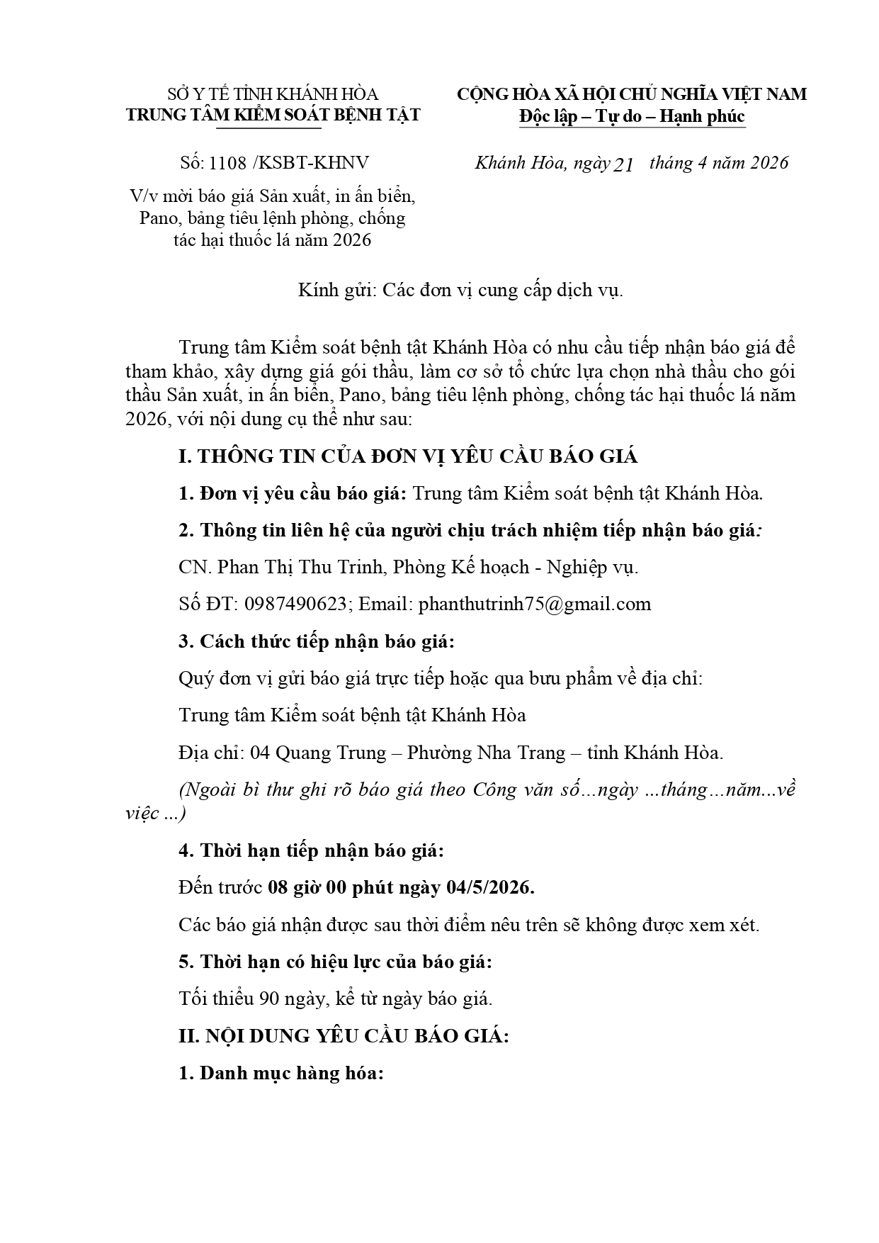 V/v mời báo giá Sản xuất, in ấn biển, Pano, bảng tiêu lệnh phòng, chống tác hại thuốc lá năm 2026